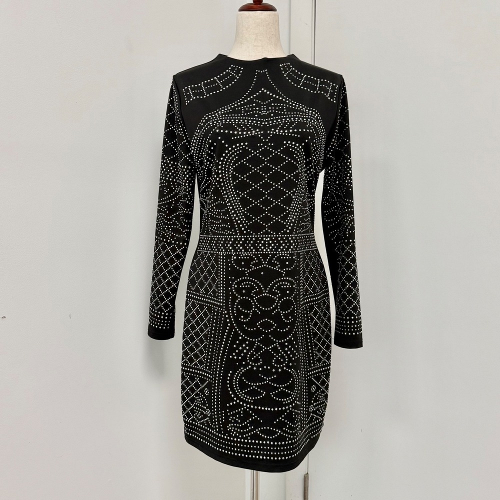 Black Studded Bodycon Dress Size L Y2K Glam Goth Rocker Night Out Party Clubwrar